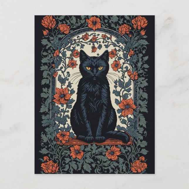 Sitting Black Cat Vintage Floral Postcard (Front)