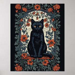 Sitting Black Cat Vintage Floral Poster
