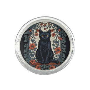 Sitting Black Cat Vintage Floral Ring
