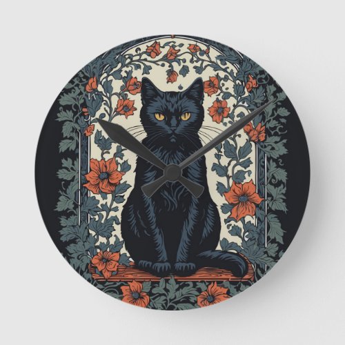 Sitting Black Cat Vintage Floral Round Clock