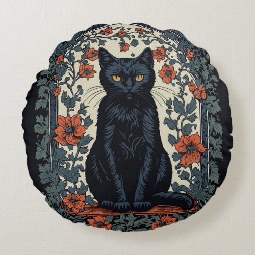 Sitting Black Cat Vintage Floral Round Pillow