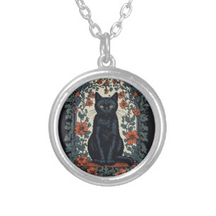 Sitting Black Cat Vintage Floral Silver Plated Necklace