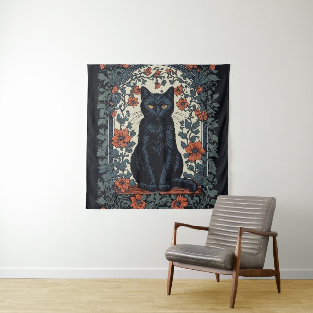 Sitting Black Cat Vintage Floral Tapestry (In Situ)