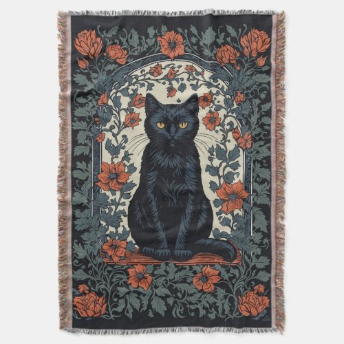 Sitting Black Cat Vintage Floral Throw Blanket