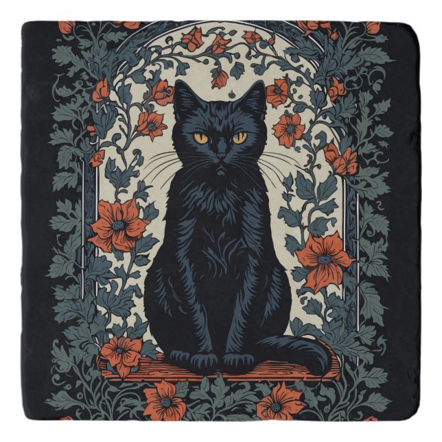 Sitting Black Cat Vintage Floral Trivet (Front)