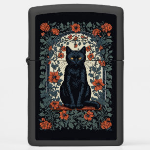 Sitting Black Cat Vintage Floral Zippo Lighter