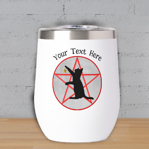 Sitting Black Cat With Gold Star on Red Pentagram Thermal Wine Tumbler