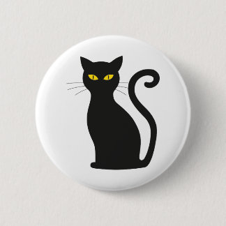 sitting black cat yellow eyes button