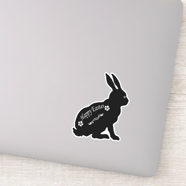 Sitting Black Rabbit Happy Easter White Flowers Sticker (Detail)