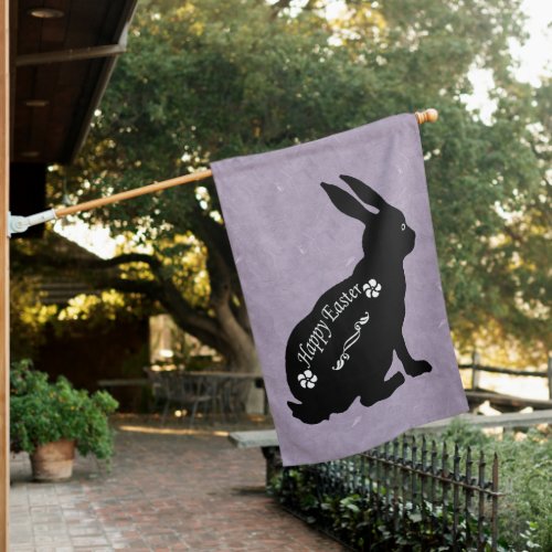 Sitting Black Rabbit Silhouette Form Happy Easter House Flag