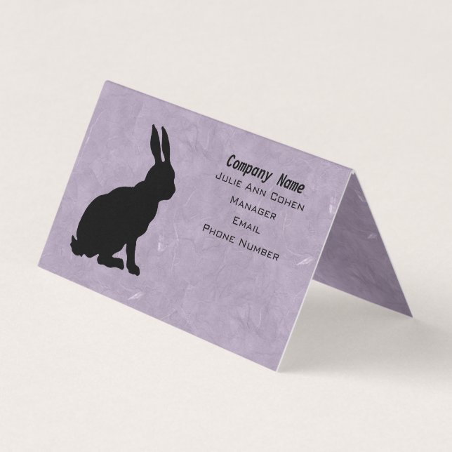 Sitting Black Rabbit Silhouette on Marbled Purple Business Card (Front)