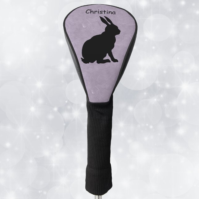 Sitting Black Silhouette Rabbit Tall Ears Purple Golf Head Cover (Black sitting rabbit in silhouette form on pretty marbled purple golf club cover.)