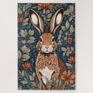 Sitting Brown Rabbit Vintage Floral Jigsaw Puzzle