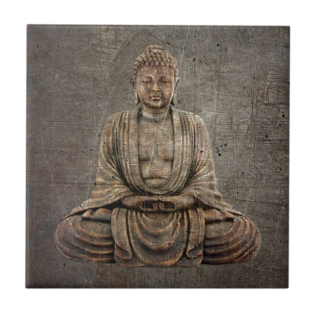 Sitting Buddha On Distressed Metal Background Ceramic Tile (Front)