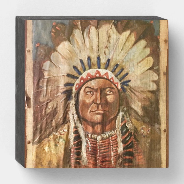 Sitting Bull Indian Chief Wooden Box Sign (Front Horizontal)