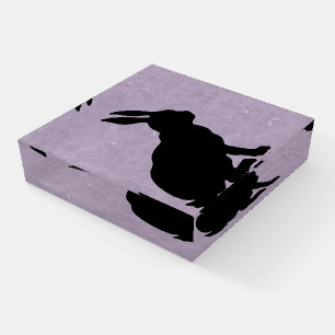 Sitting Bunny Rabbit in Black Silhouette on Purple Paperweight