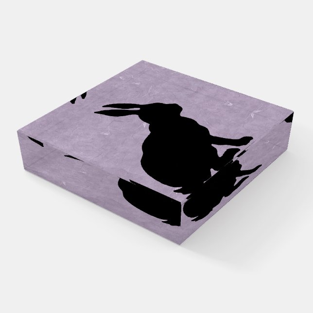 Sitting Bunny Rabbit in Black Silhouette on Purple Paperweight (Angled)