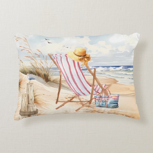 Sitting by the Sea Beach Monogram Accent Pillow (Front)