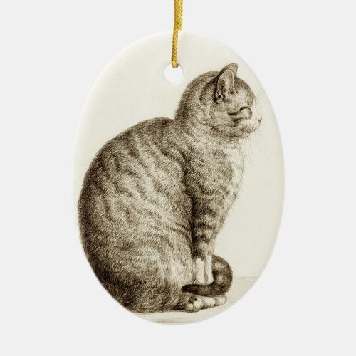 Sitting cat black and white pencil drawing ceramic ornament