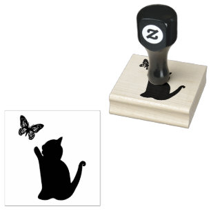 Sitting Cat Silhouette facing Left with Butterfly Rubber Stamp