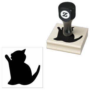 Sitting Cat Silhouette facing Left with Paw Rubber Stamp
