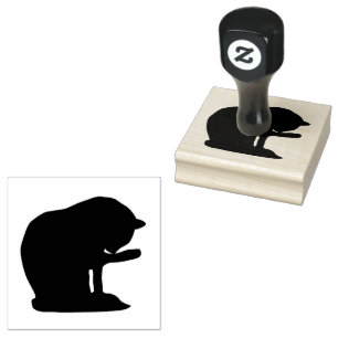 Sitting Cat Silhouette facing Right Cleaning Paw Rubber Stamp
