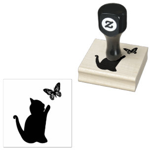 Sitting Cat Silhouette facing Right with Butterfly Rubber Stamp