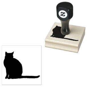 Sitting Cat Silhouette on Left with Long Tail Rubber Stamp
