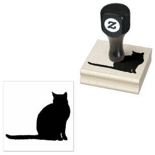 Sitting Cat Silhouette on Right with Long Tail Rubber Stamp