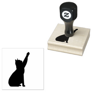 Sitting Cat Silhouette Reaching Right with Paw Rubber Stamp