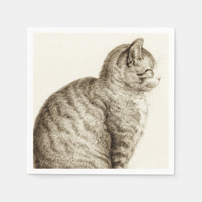 Sitting cat vintage sepia pencil drawing napkins (Front)