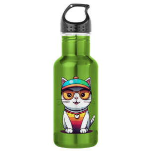 Sitting Cat Wearing Glasses And Hat Stainless Steel Water Bottle