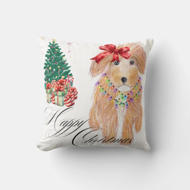 Sitting Dog  with bow Christmas  Throw Pillow (Front)
