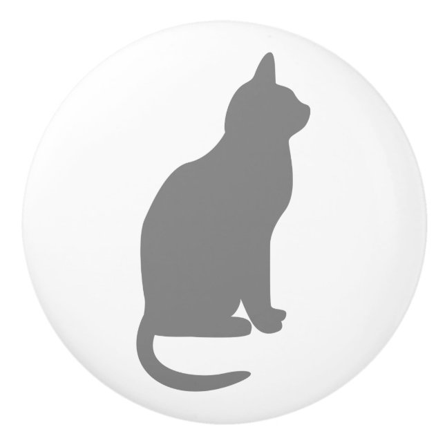 Sitting Gray Cat Facing Right Ceramic Knob (Front)