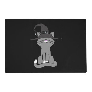 Sitting Gray Cat with Halloween Witch Hat Placemat