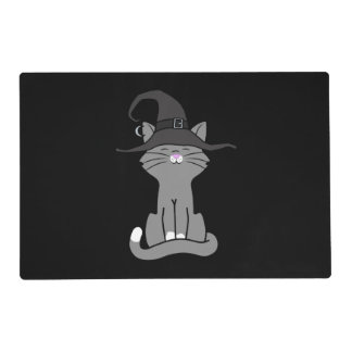 Sitting Gray Cat with Halloween Witch Hat Placemat
