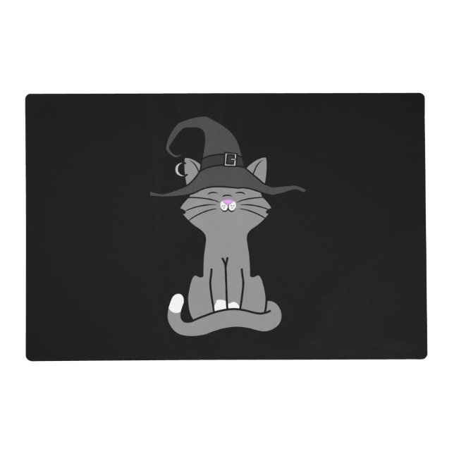 Sitting Gray Cat with Halloween Witch Hat Placemat (Front)