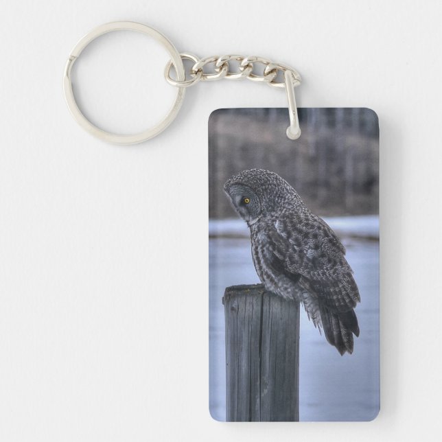 Sitting Great Gray Owl - Fence Post Wildlife Photo Keychain (Front)