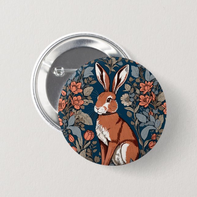 Sitting Hare William Morris Inspired Floral Button (Front & Back)