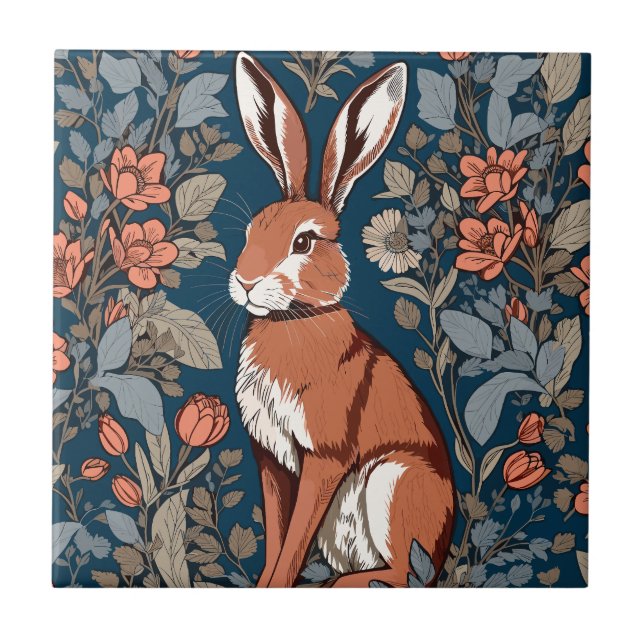 Sitting Hare William Morris Inspired Floral Ceramic Tile (Front)