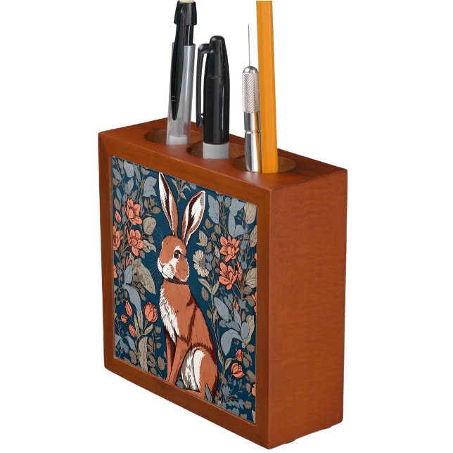Sitting Hare William Morris Inspired Floral Desk Organizer (In Situ)