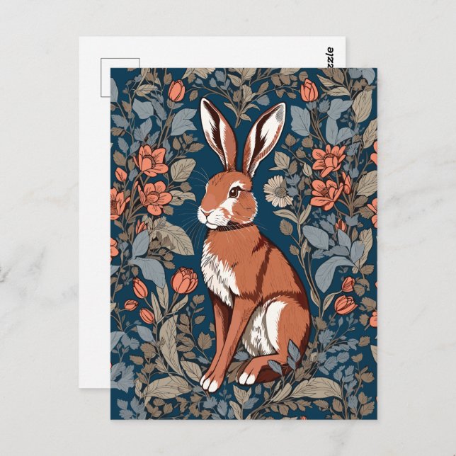 Sitting Hare William Morris Inspired Floral Postcard (Front/Back)