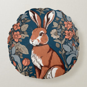 Sitting Hare William Morris Inspired Floral Round Pillow
