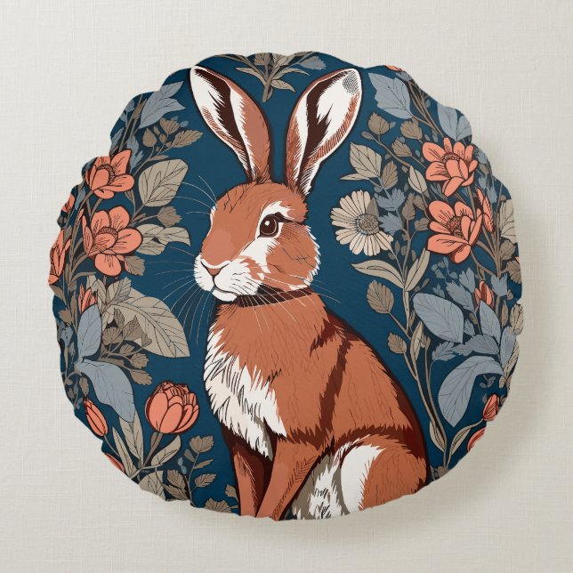 Sitting Hare William Morris Inspired Floral Round Pillow (Front)