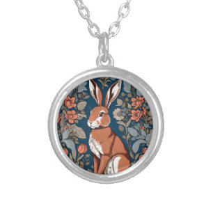 Sitting Hare William Morris Inspired Floral Silver Plated Necklace