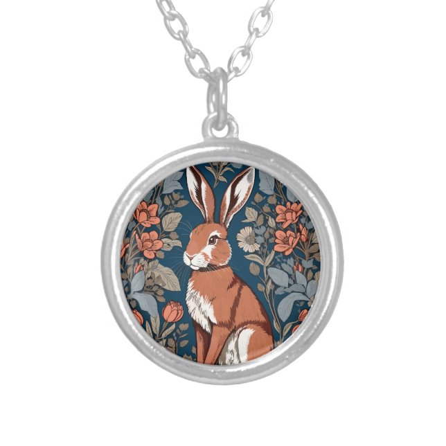 Sitting Hare William Morris Inspired Floral Silver Plated Necklace (Front)