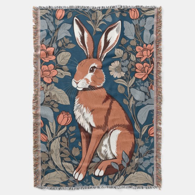 Sitting Hare William Morris Inspired Floral Throw Blanket (Front Vertical)