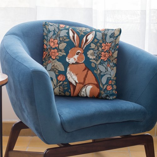 Sitting Hare William Morris Inspired Floral Throw Pillow