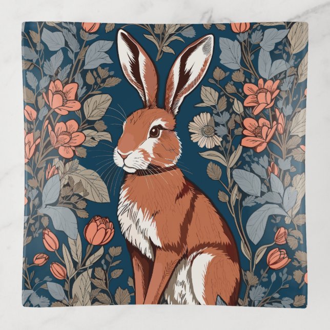 Sitting Hare William Morris Inspired Floral Trinket Tray (Front)