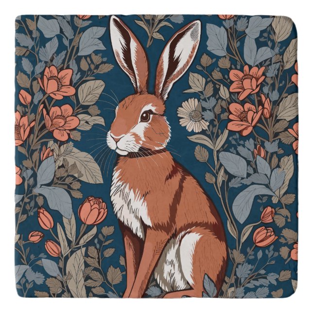 Sitting Hare William Morris Inspired Floral Trivet (Front)